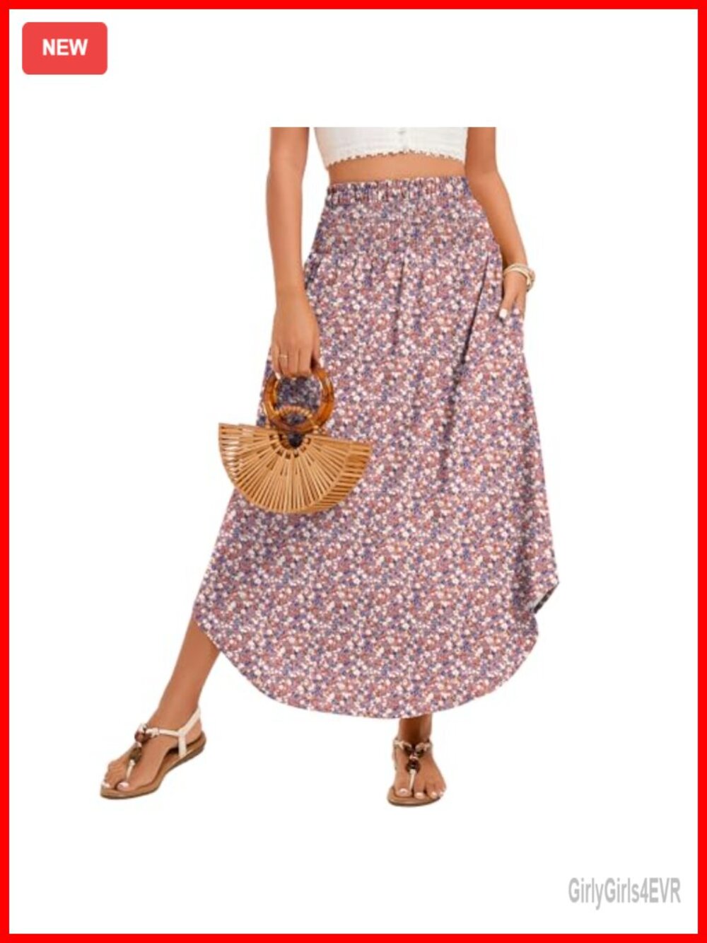 Women's Maxi Skirt Smocked High Waist Floral Flowy Long Skirt Pockets